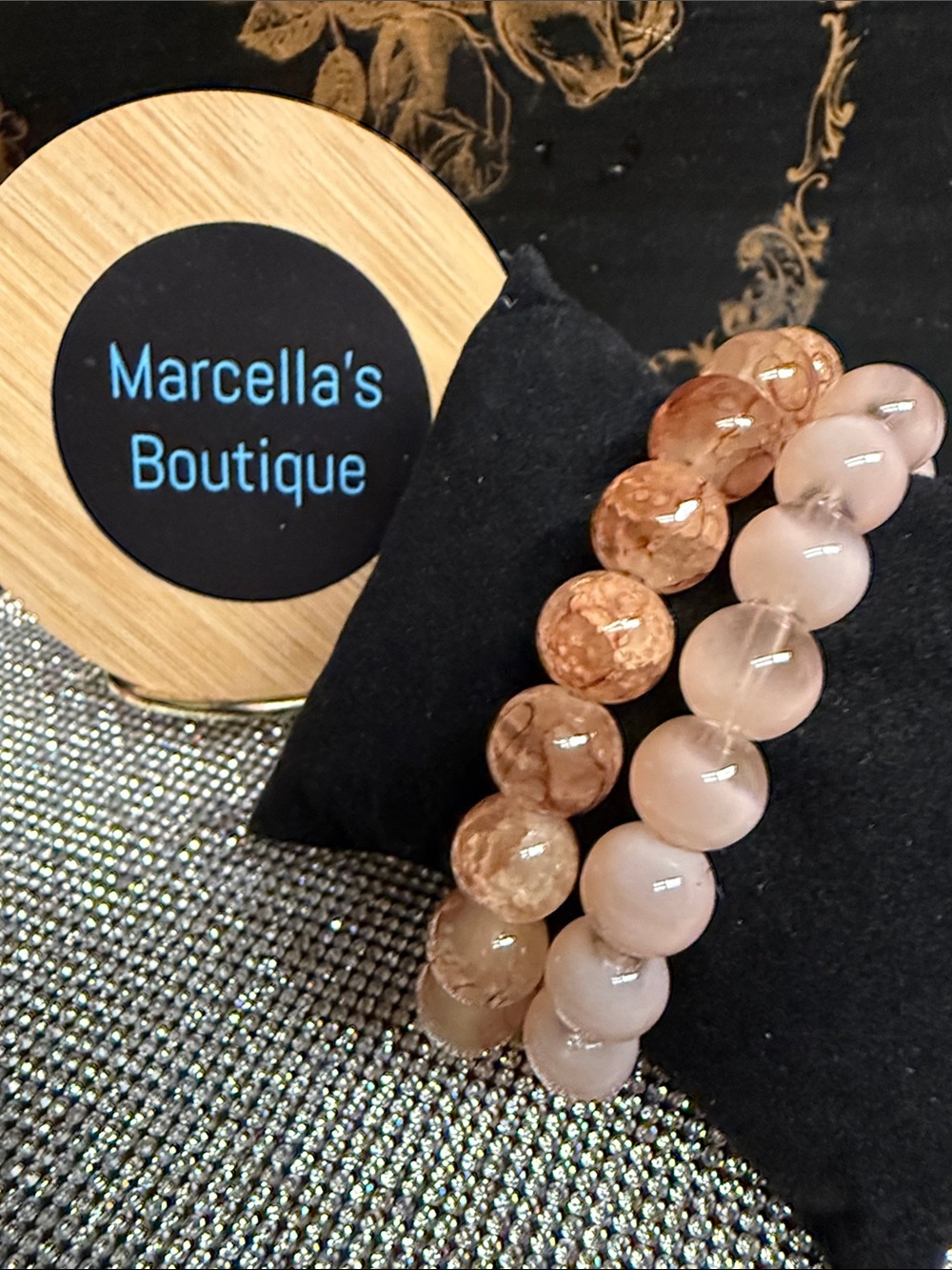 Tan and Peach Beaded Stretch Bracelet Set